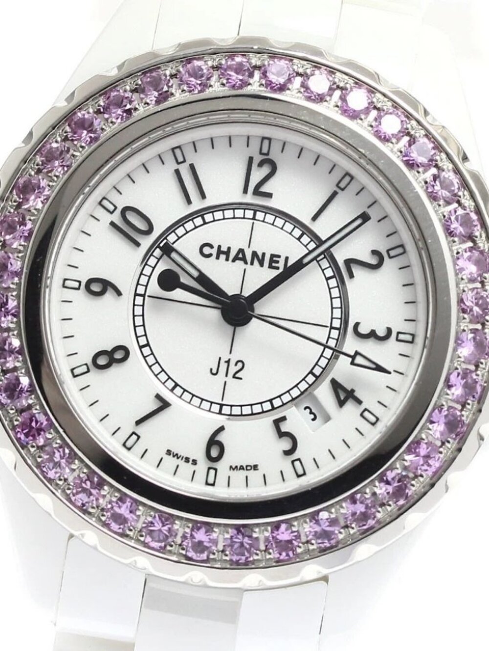 CHANEL J12 H1181 Pink sapphire bezel, date white Dial Quartz Ladies Watch